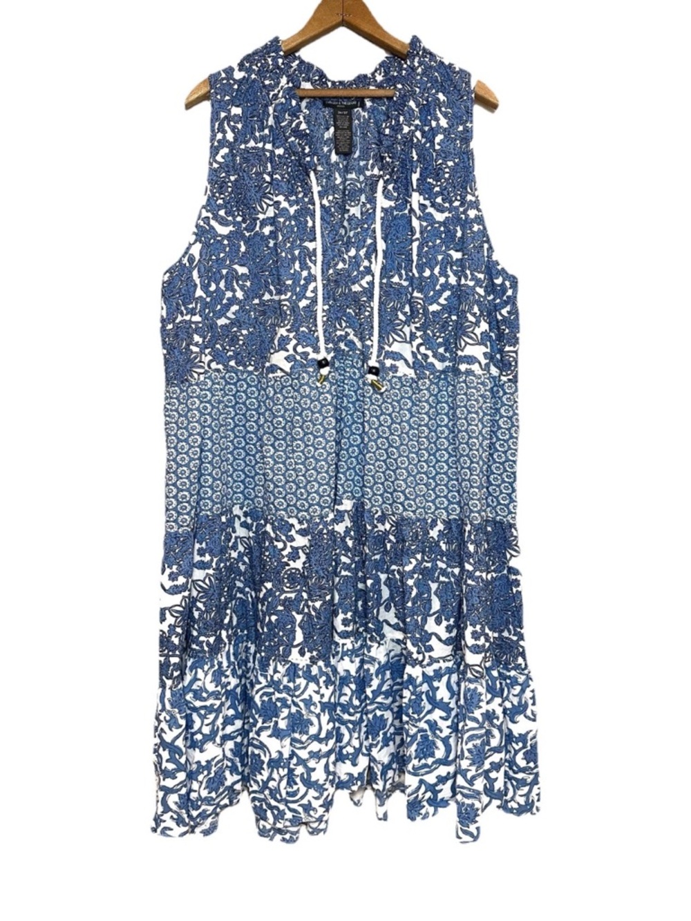 Chelsea & Theodore Tiered Sleeveless Dress Blue White 100% Cotton Size 3X